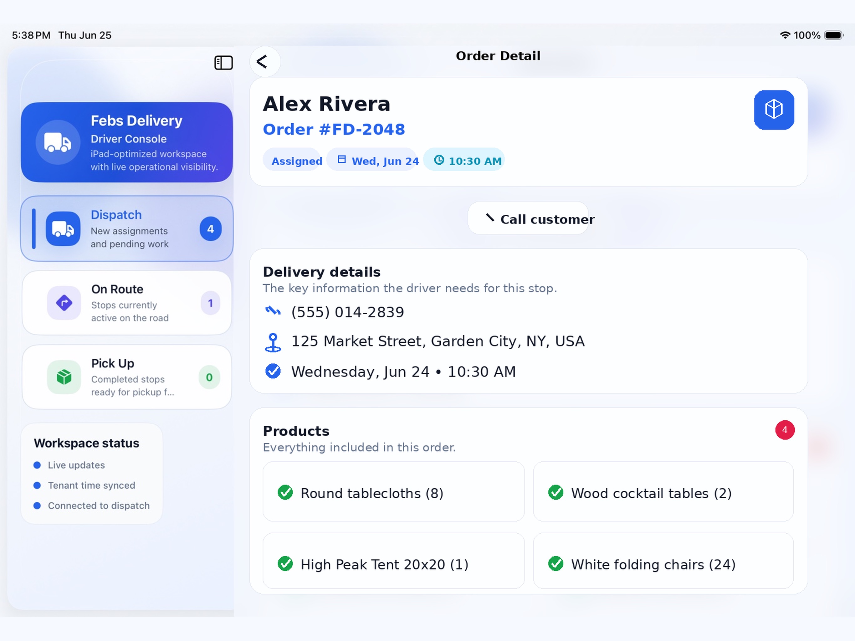 Real Febs Delivery order details on iPad